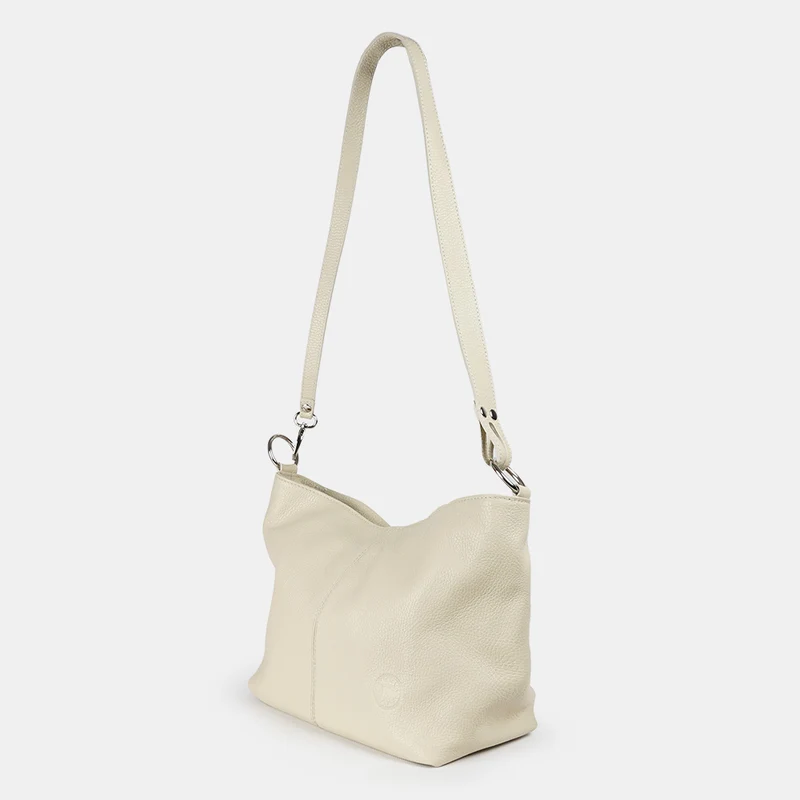 Bolso de hombro para mujer de piel con bandolera extensible beige Mara