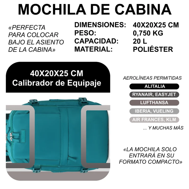 1990s Mochila de viaje cabina expandible para Ryanair 40x25x20-25cm,con bolsa de zapatillas,mochila casual