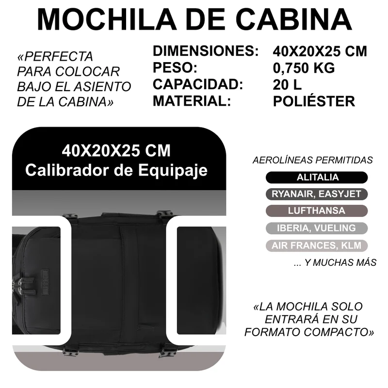1990s Mochila de viaje cabina expandible para Ryanair 40x25x20-25cm,con bolsa de zapatillas,mochila casual