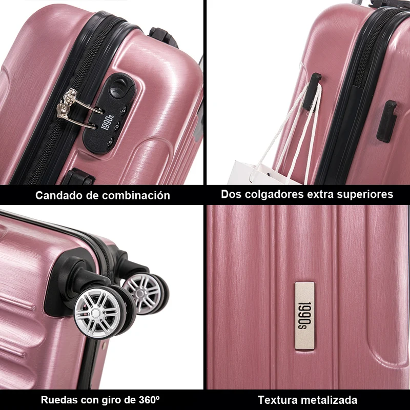 1990s Juego de Maletas Policarbonato Rígida 3 Piezas|Maleta Cabina 55cm|Maleta Mediana 68cm|Neceser 29cm|RosaDorado