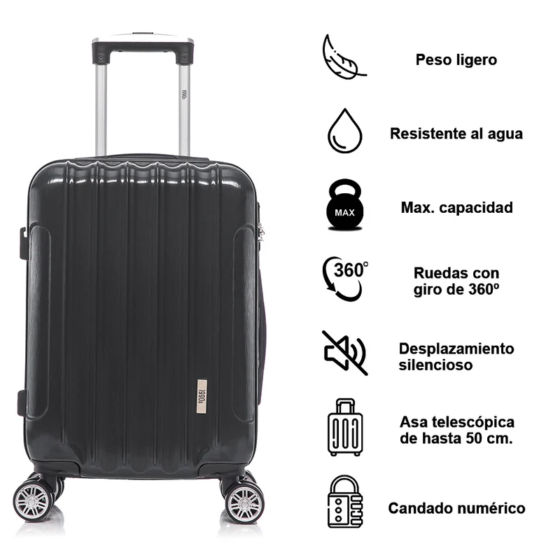 1990s Juego de Maletas Policarbonato Rígida 3 Piezas|Maleta Cabina 55cm|Maleta Mediana 68cm|Neceser 29cm|Negro