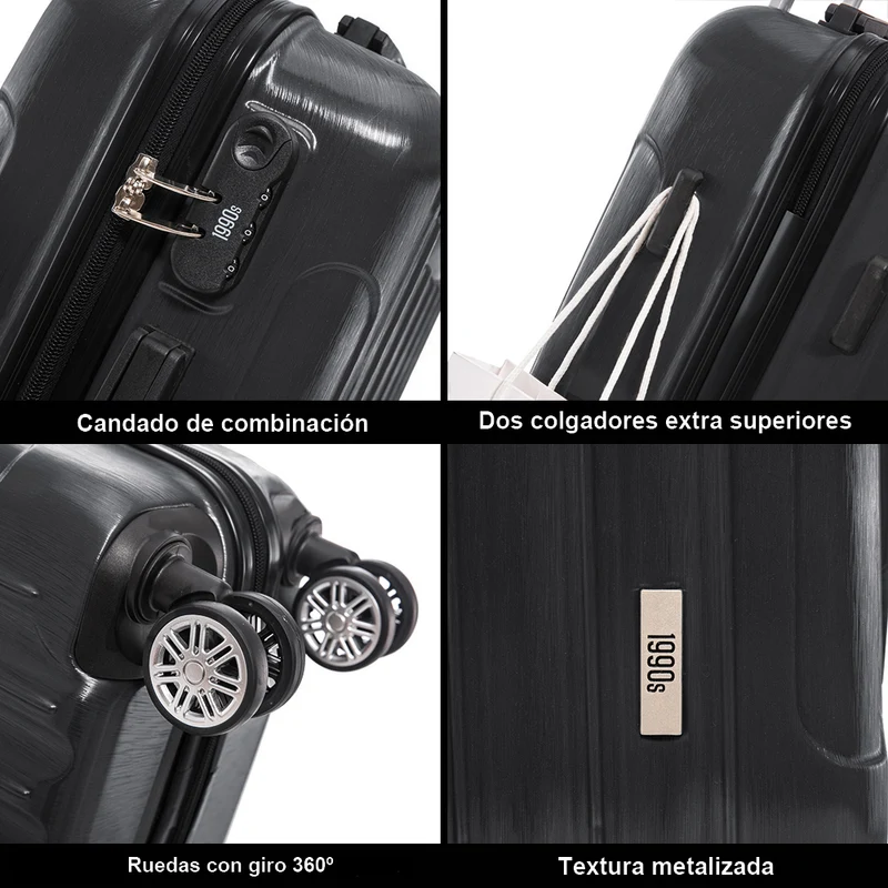 1990s Juego de Maletas Policarbonato Rígida 3 Piezas|Maleta Cabina 55cm|Maleta Mediana 68cm|Neceser 29cm|Negro