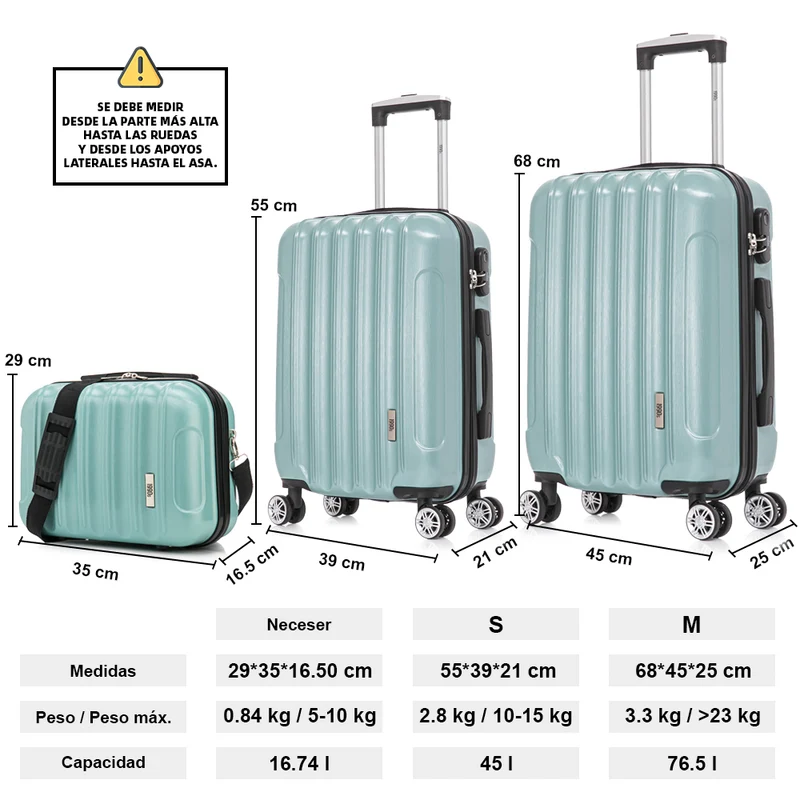 1990s Juego de Maletas Policarbonato Rígida 3 Piezas|Maleta Cabina 55cm|Maleta Mediana 68cm|Neceser 29cm|Menta