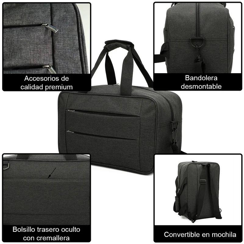 Raykong Bolsa de cabina convertible en mochila 40x20x25cm Ryanair 10kg equipaje de mano bolso de cabina Vueling negro