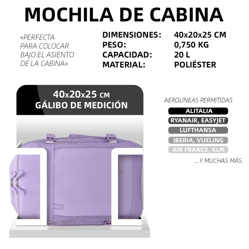 Raykong Mochila de cabina Ryanair 40x20x25cm (20L) Morado