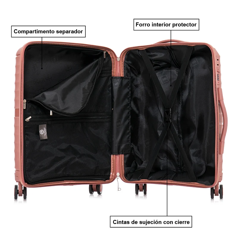 Maleta de cabina 55x39x21.5 cm (46L) Polipropileno - Candado Incrustado - 20 Pulgadas - Rosa Dorado - Chocolate