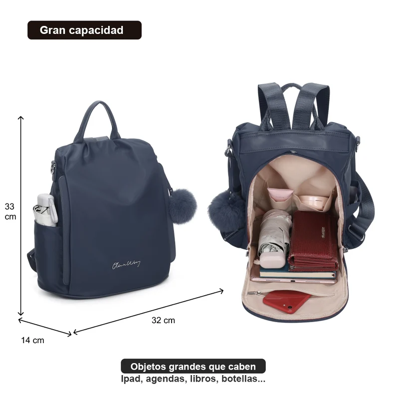 Mochila antirrobo Impermeable para mujer (14.80L) | Mochila Convertible en bolso con pompón y asa desmontable de adorno Azul Marino