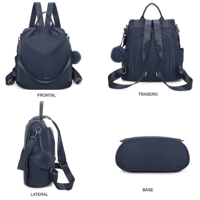 Mochila antirrobo Impermeable para mujer (14.80L) | Mochila Convertible en bolso con pompón y asa desmontable de adorno Azul Marino