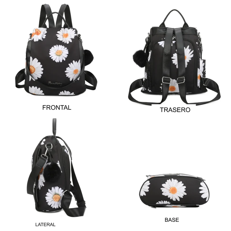 Mochila antirrobo Impermeable para mujer (14.80L) | Mochila Convertible en bolso con pompón y asa desmontable de adorno Margaritas
