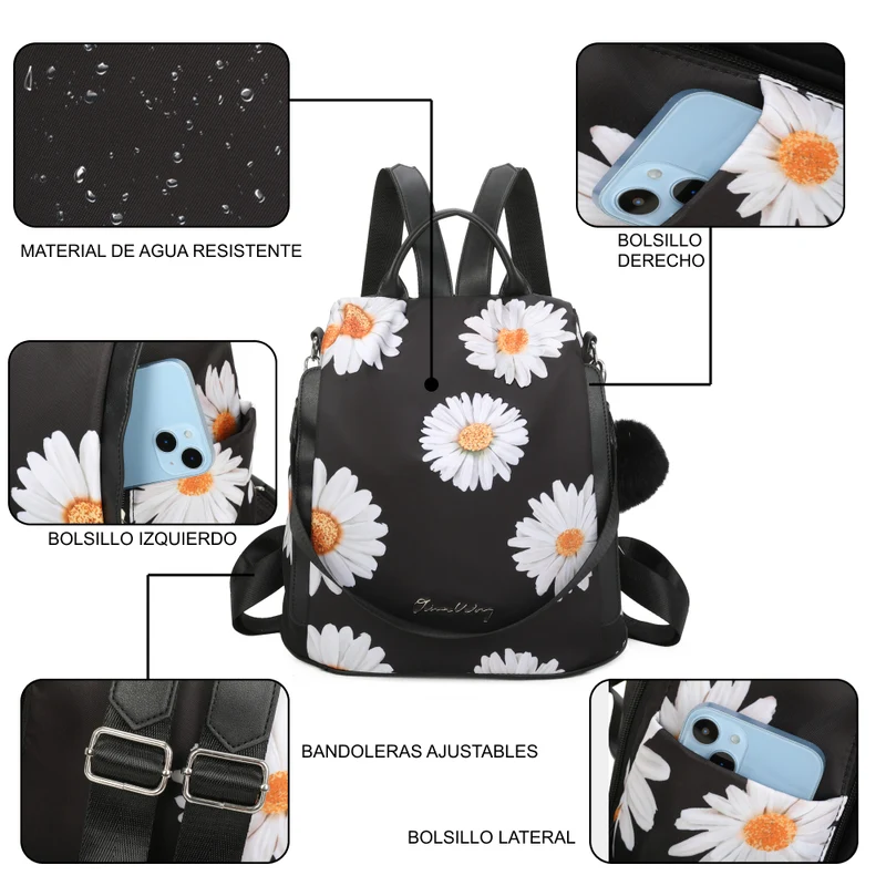 Mochila antirrobo Impermeable para mujer (14.80L) | Mochila Convertible en bolso con pompón y asa desmontable de adorno Margaritas