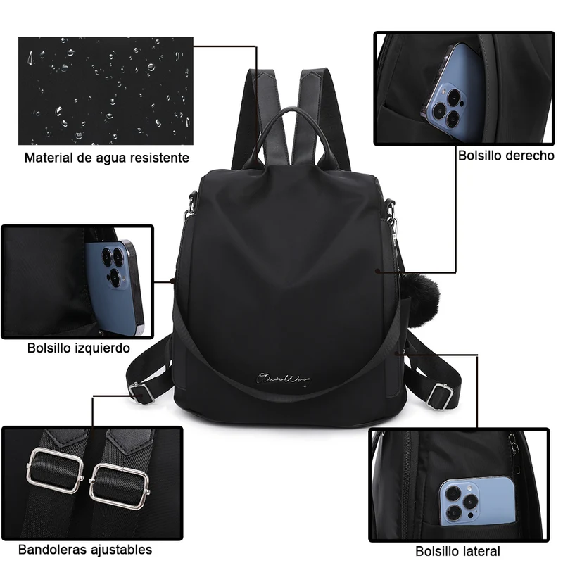 Mochila antirrobo Impermeable para mujer (14.80L) | Mochila Convertible en bolso con pompón y asa desmontable de adorno Negro