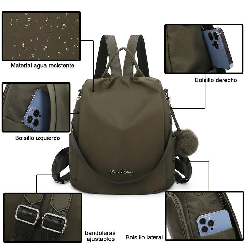Mochila antirrobo Impermeable para mujer (14.80L) | Mochila Convertible en bolso con pompón y asa desmontable de adorno Verde