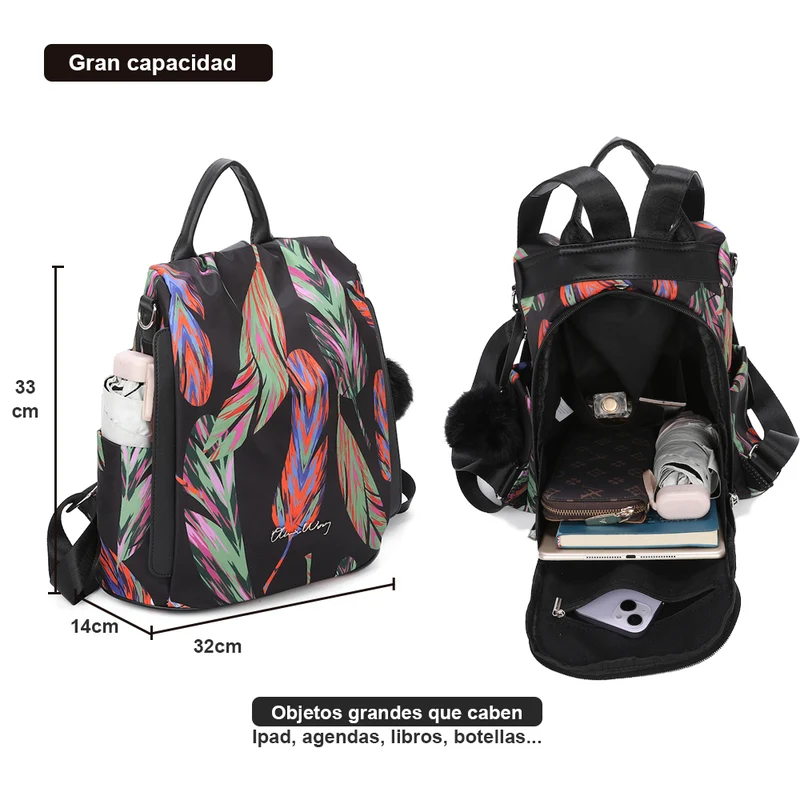 Mochila antirrobo Impermeable para mujer (14.80L) | Mochila Convertible en bolso con pompón y asa desmontable de adorno Plumas