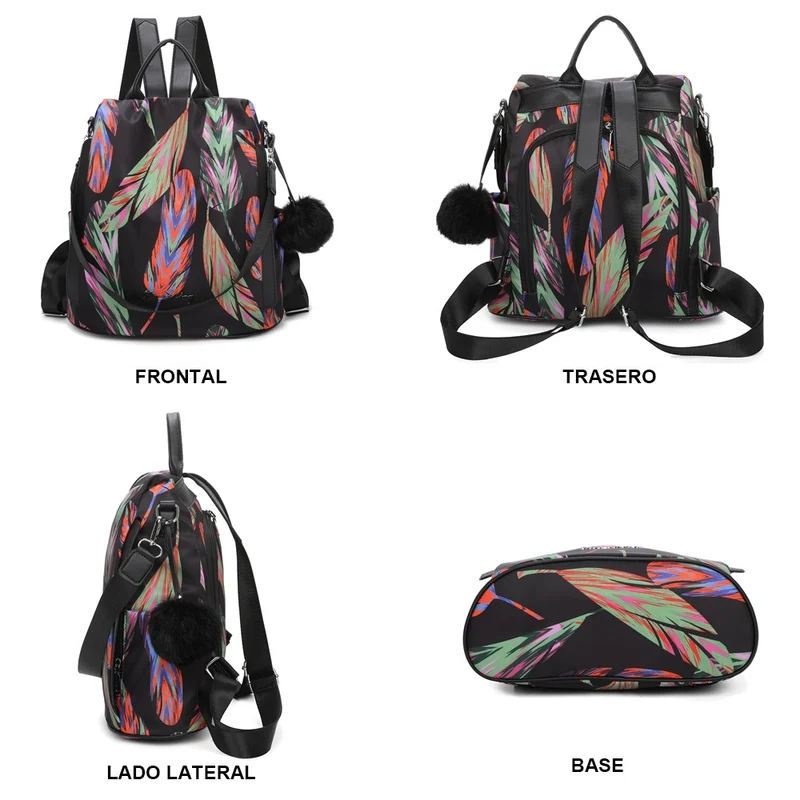 Mochila antirrobo Impermeable para mujer (14.80L) | Mochila Convertible en bolso con pompón y asa desmontable de adorno Plumas