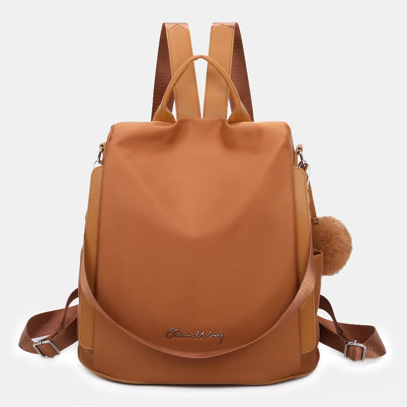 Mochila antirrobo Impermeable para mujer (14.80L) | Mochila Convertible en bolso con pompón y asa desmontable de adorno Marrón