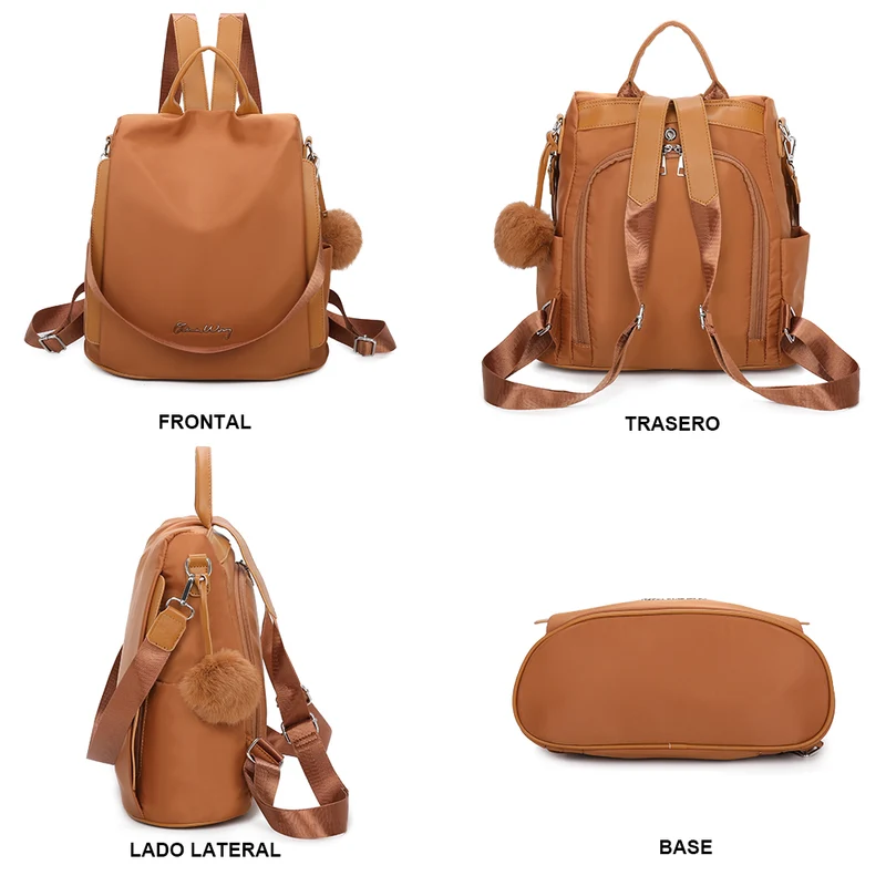 Mochila antirrobo Impermeable para mujer (14.80L) | Mochila Convertible en bolso con pompón y asa desmontable de adorno Marrón
