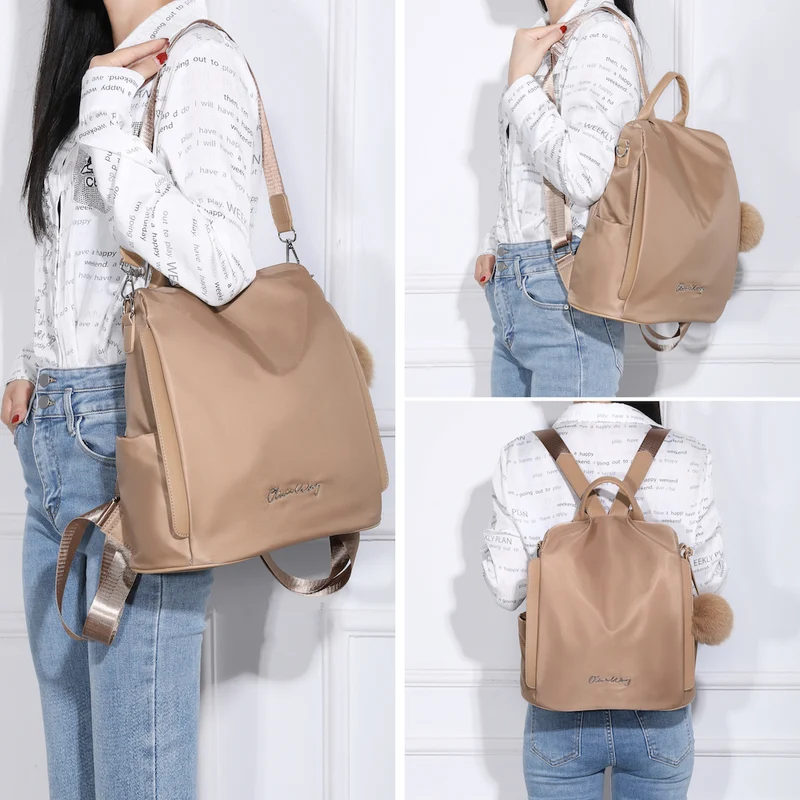 Mochila antirrobo Impermeable para mujer (14.80L) | Mochila Convertible en bolso con pompón y asa desmontable de adorno Khaki