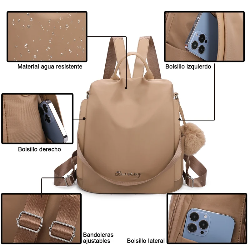 Mochila antirrobo Impermeable para mujer (14.80L) | Mochila Convertible en bolso con pompón y asa desmontable de adorno Khaki