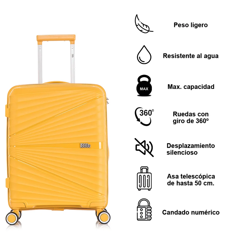 Juego de maletas PP Rígida 3 piezas|Maleta Cabina 55cm|Maleta Mediana extensible 65cm|Maleta Grande Extensible 75cm|Choco Amarillo