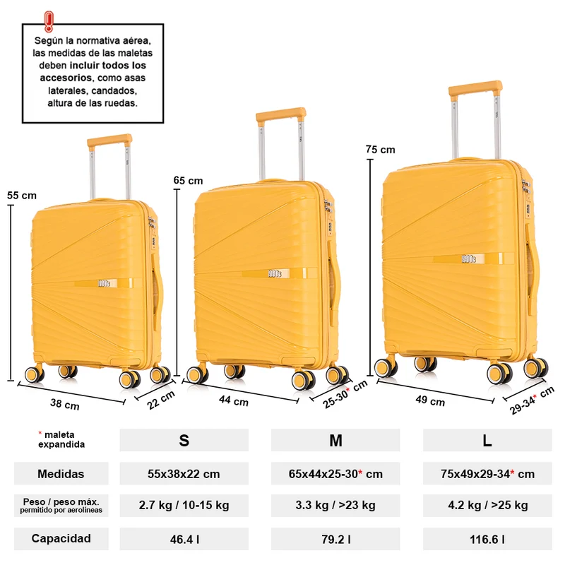Juego de maletas PP Rígida 3 piezas|Maleta Cabina 55cm|Maleta Mediana extensible 65cm|Maleta Grande Extensible 75cm|Choco Amarillo