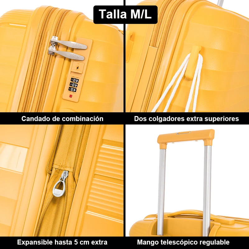 Juego de maletas PP Rígida 3 piezas|Maleta Cabina 55cm|Maleta Mediana extensible 65cm|Maleta Grande Extensible 75cm|Choco Amarillo