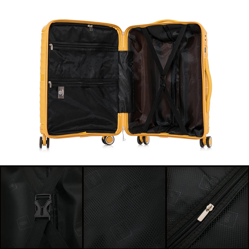 Juego de maletas PP Rígida 3 piezas|Maleta Cabina 55cm|Maleta Mediana extensible 65cm|Maleta Grande Extensible 75cm|Choco Amarillo