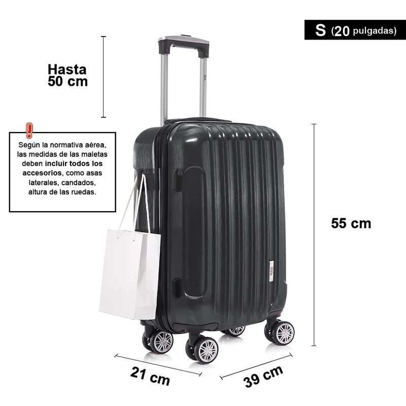 Maleta Cabina 55x39x21cm Policarbonato 45L - 20 Pulgadas Negro - Seda