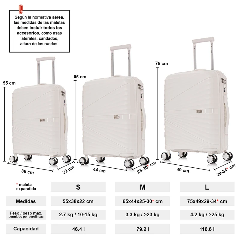 Juego de maletas PP Rígida 3 piezas|Maleta Cabina 55cm|Maleta Mediana extensible 65cm|Maleta Grande Extensible 75cm|Choco Blanco
