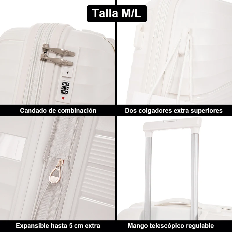 Juego de maletas PP Rígida 3 piezas|Maleta Cabina 55cm|Maleta Mediana extensible 65cm|Maleta Grande Extensible 75cm|Choco Blanco