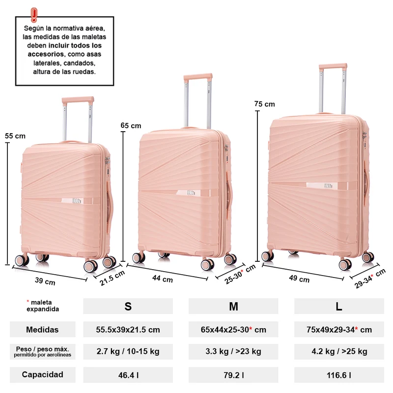 Juego de maletas PP Rígida 3 piezas|Maleta Cabina 55cm|Maleta Mediana extensible 65cm|Maleta Grande Extensible 75cm|Choco Rosa Claro