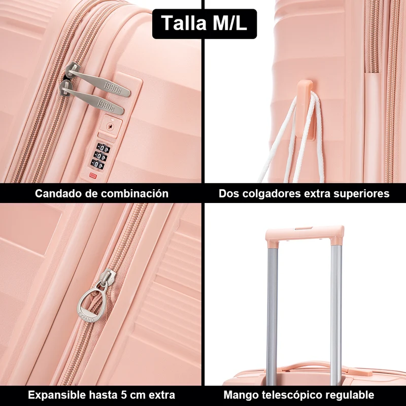 Juego de maletas PP Rígida 3 piezas|Maleta Cabina 55cm|Maleta Mediana extensible 65cm|Maleta Grande Extensible 75cm|Choco Rosa Claro