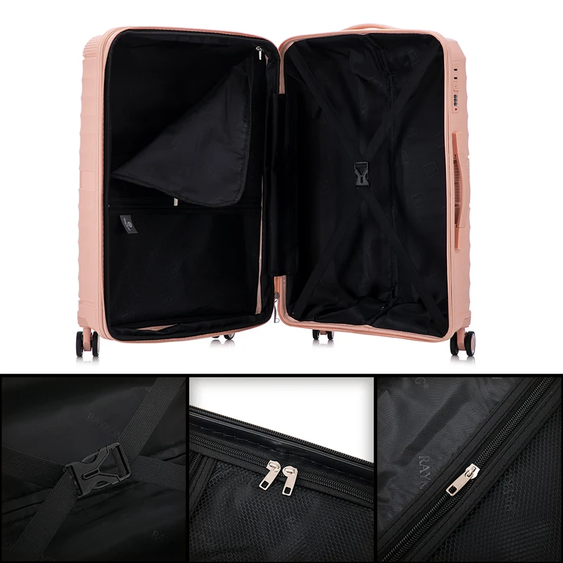 Juego de maletas PP Rígida 3 piezas|Maleta Cabina 55cm|Maleta Mediana extensible 65cm|Maleta Grande Extensible 75cm|Choco Rosa Claro