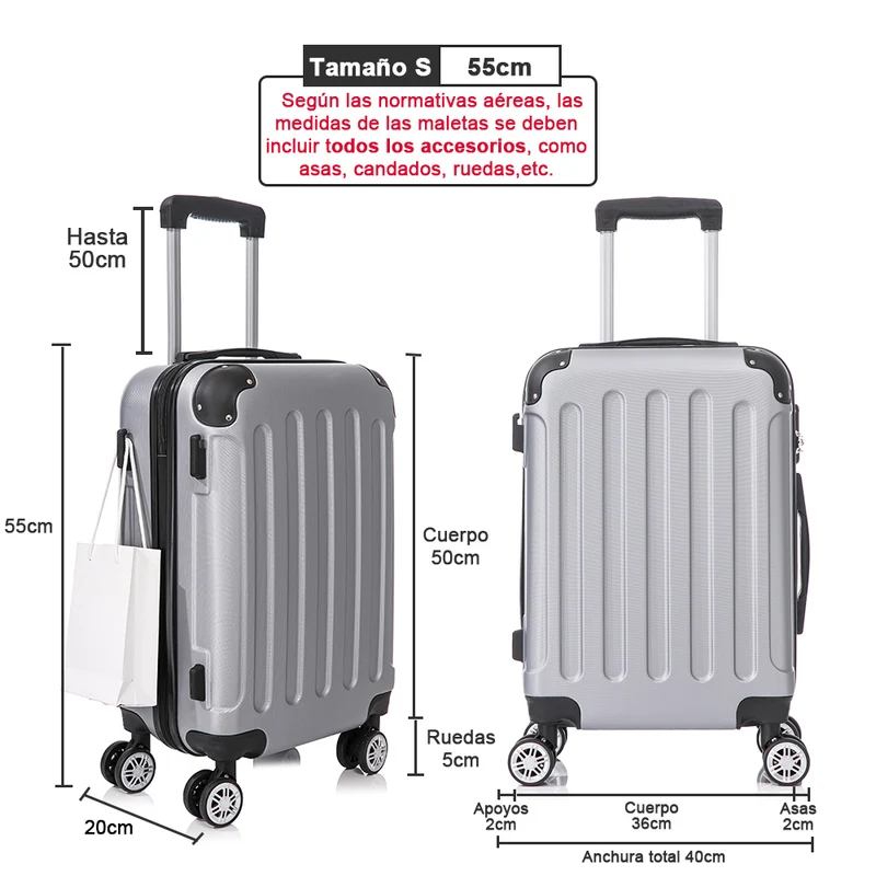 Maleta Cabina ABS 55x40x20cm 44L - 20 Pulgadas Plateada - Marina