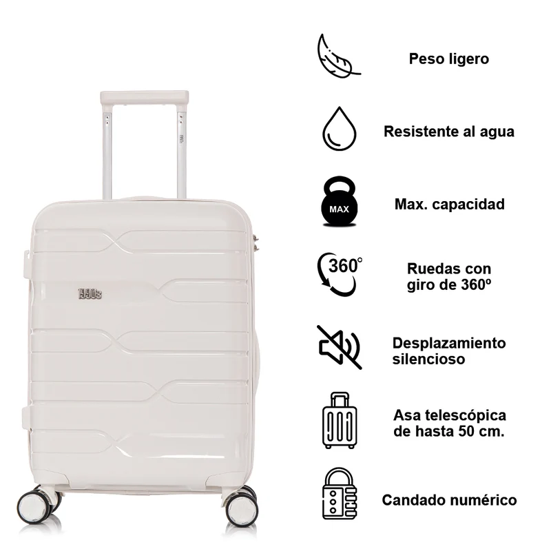Maleta de cabina 55x38x22 cm (44L) Polipropileno - Candado Incrustado - 20 Pulgadas - Blanco - Bass