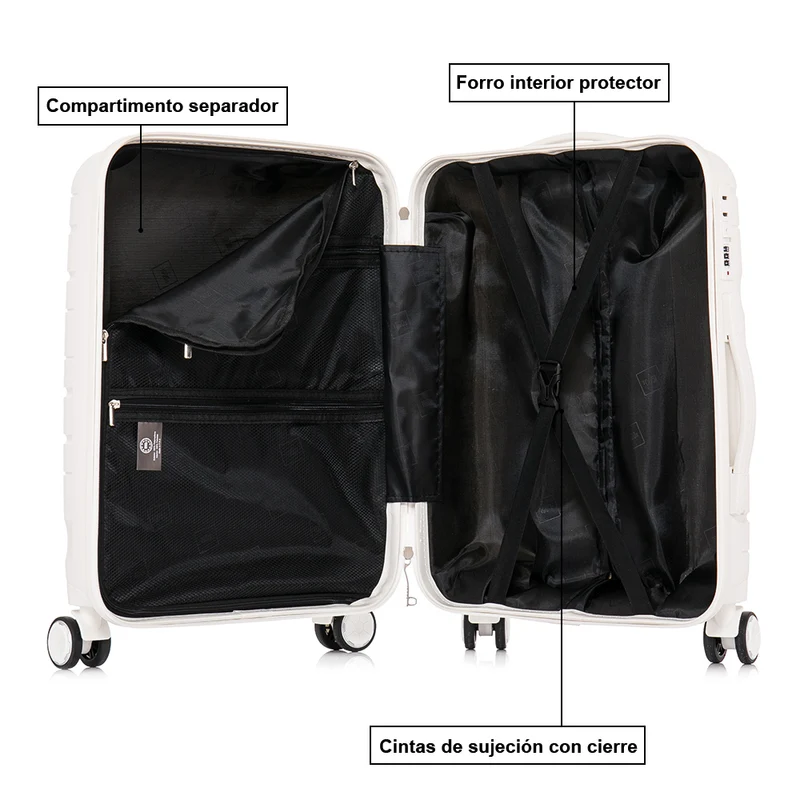 Maleta de cabina 55x38x22 cm (44L) Polipropileno - Candado Incrustado - 20 Pulgadas - Blanco - Bass