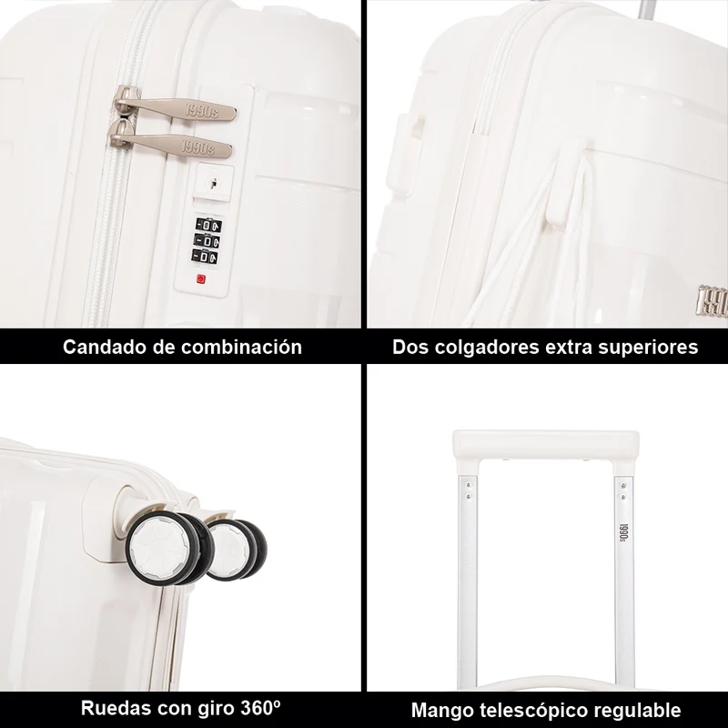 Maleta de cabina 55x38x22 cm (44L) Polipropileno - Candado Incrustado - 20 Pulgadas - Blanco - Bass
