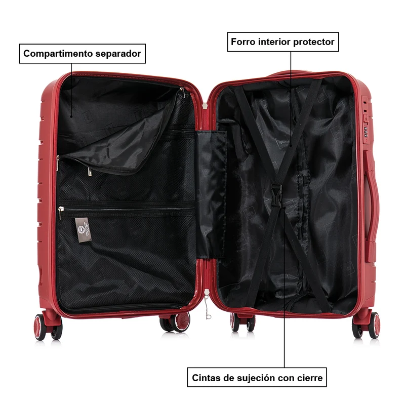 Maleta de cabina 55x38x22 cm (44L) Polipropileno - Candado Incrustado - 20 Pulgadas - Burdeos - Bass