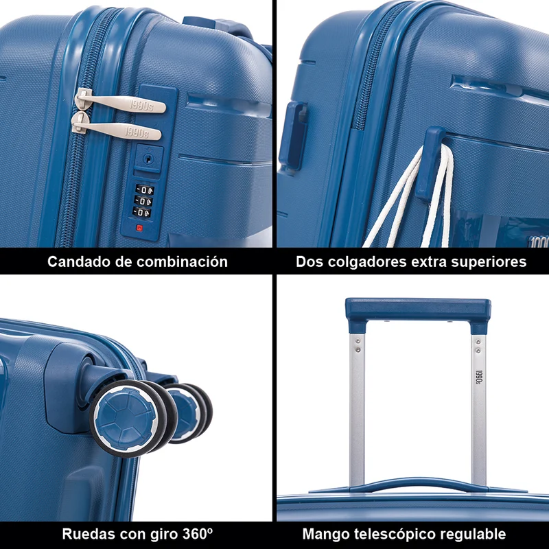 Maleta de cabina 55x38x22 cm (44L) Polipropileno - Candado Incrustado - 20 Pulgadas - Azul marino - Bass