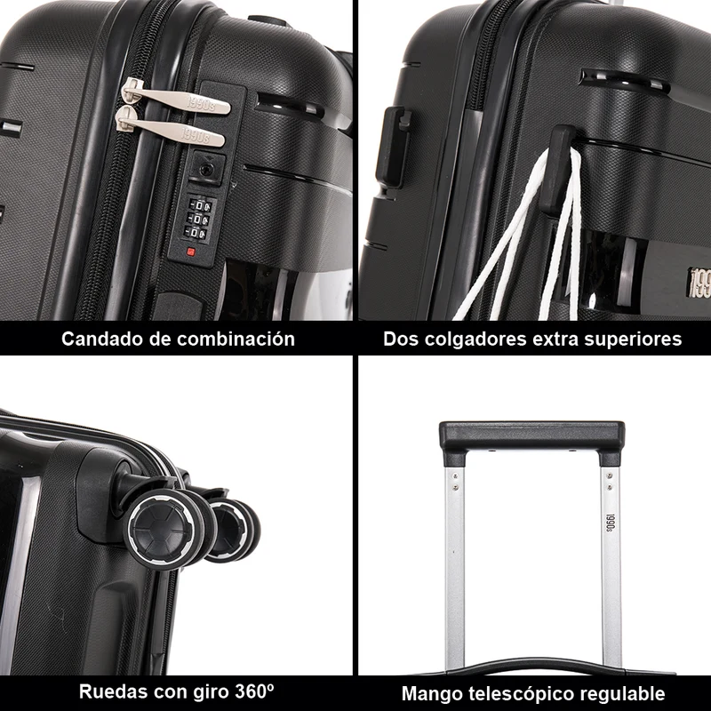 Maleta de cabina 55x38x22 cm (44L) Polipropileno - Candado Incrustado - 20 Pulgadas - Negro - Bass