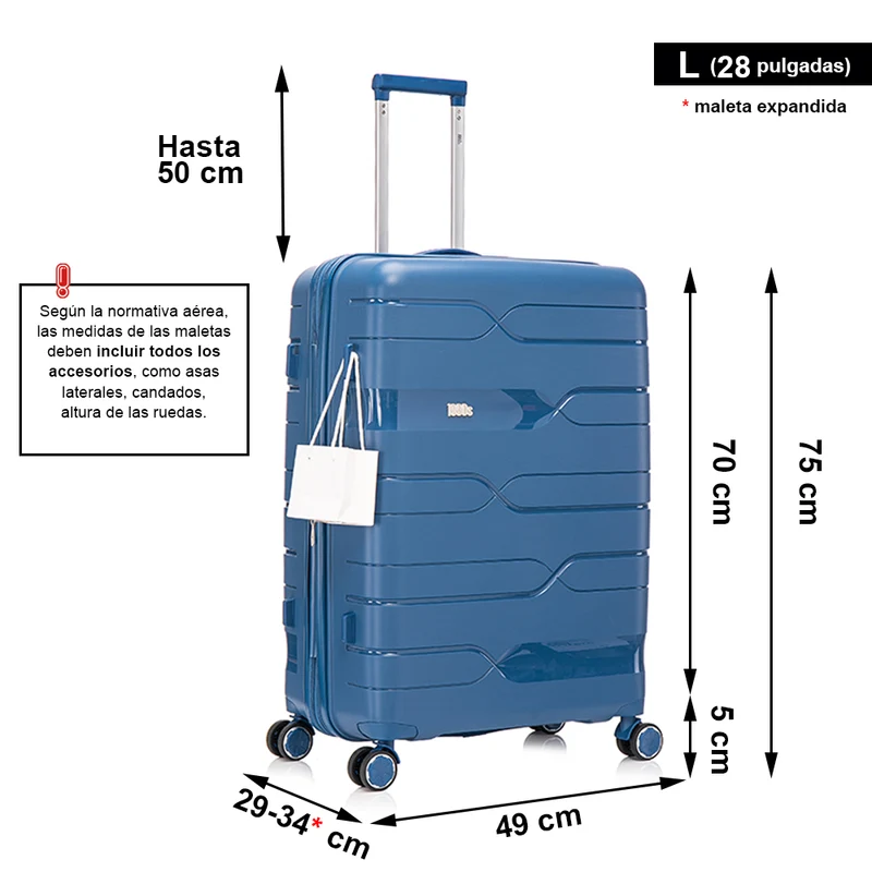 Juego de maletas PP Rígida 3 piezas|Maleta Cabina 55cm|Maleta Mediana 65cm Expandible |Maleta Grande 75cm Expandible |Bass Azul