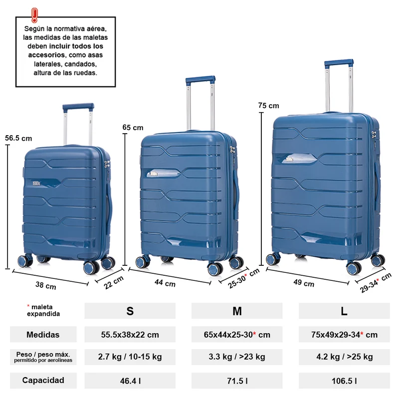 Juego de maletas PP Rígida 3 piezas|Maleta Cabina 55cm|Maleta Mediana 65cm Expandible |Maleta Grande 75cm Expandible |Bass Azul