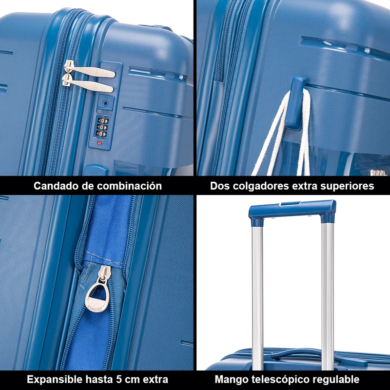 Juego de maletas PP Rígida 3 piezas|Maleta Cabina 55cm|Maleta Mediana 65cm Expandible |Maleta Grande 75cm Expandible |Bass Azul