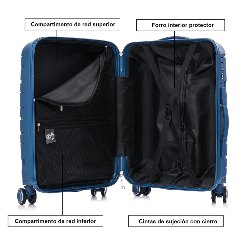 Juego de maletas PP Rígida 3 piezas|Maleta Cabina 55cm|Maleta Mediana 65cm Expandible |Maleta Grande 75cm Expandible |Bass Azul