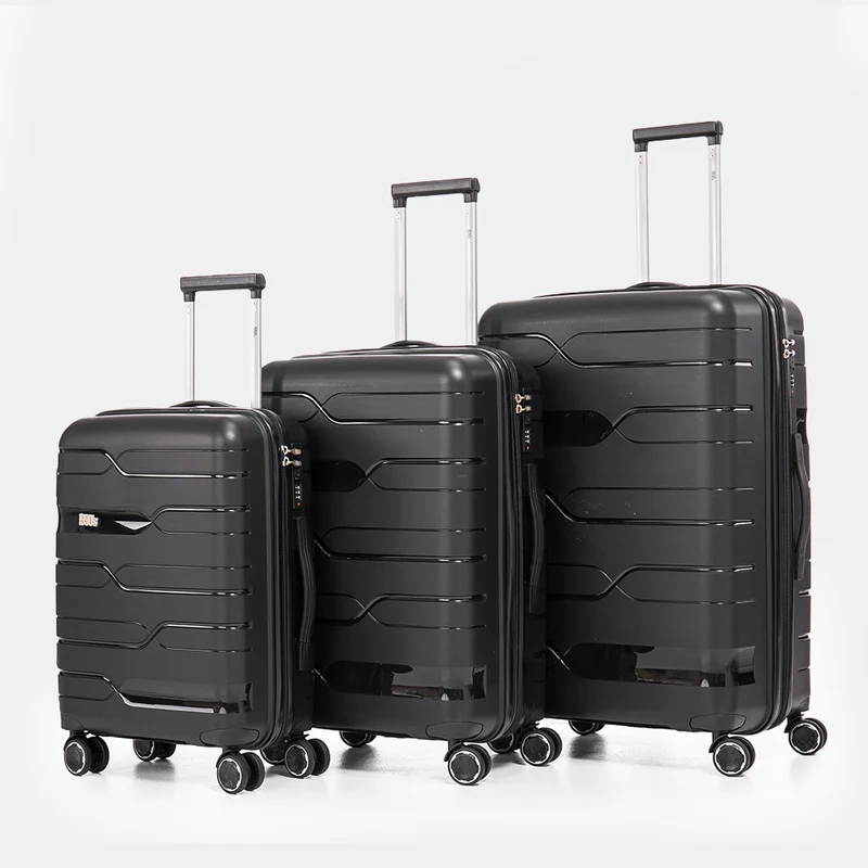 Juego de maletas PP Rígida 3 piezas|Maleta Cabina 55cm|Maleta Mediana 65cm Expandible |Maleta Grande 75cm Expandible |Bass Negro