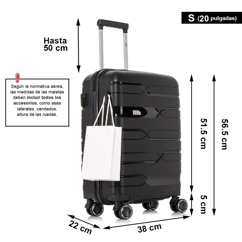 Juego de maletas PP Rígida 3 piezas|Maleta Cabina 55cm|Maleta Mediana 65cm Expandible |Maleta Grande 75cm Expandible |Bass Negro