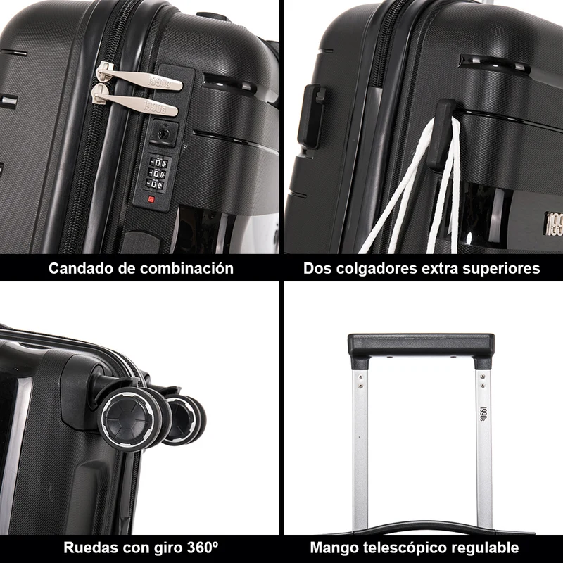 Juego de maletas PP Rígida 3 piezas|Maleta Cabina 55cm|Maleta Mediana 65cm Expandible |Maleta Grande 75cm Expandible |Bass Negro