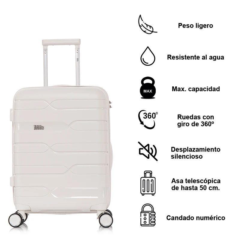Juego de maletas PP Rígida 3 piezas|Maleta Cabina 55cm|Maleta Mediana 65cm Expandible |Maleta Grande 75cm Expandible |Bass Blanco