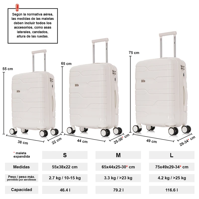 Juego de maletas PP Rígida 3 piezas|Maleta Cabina 55cm|Maleta Mediana 65cm Expandible |Maleta Grande 75cm Expandible |Bass Blanco