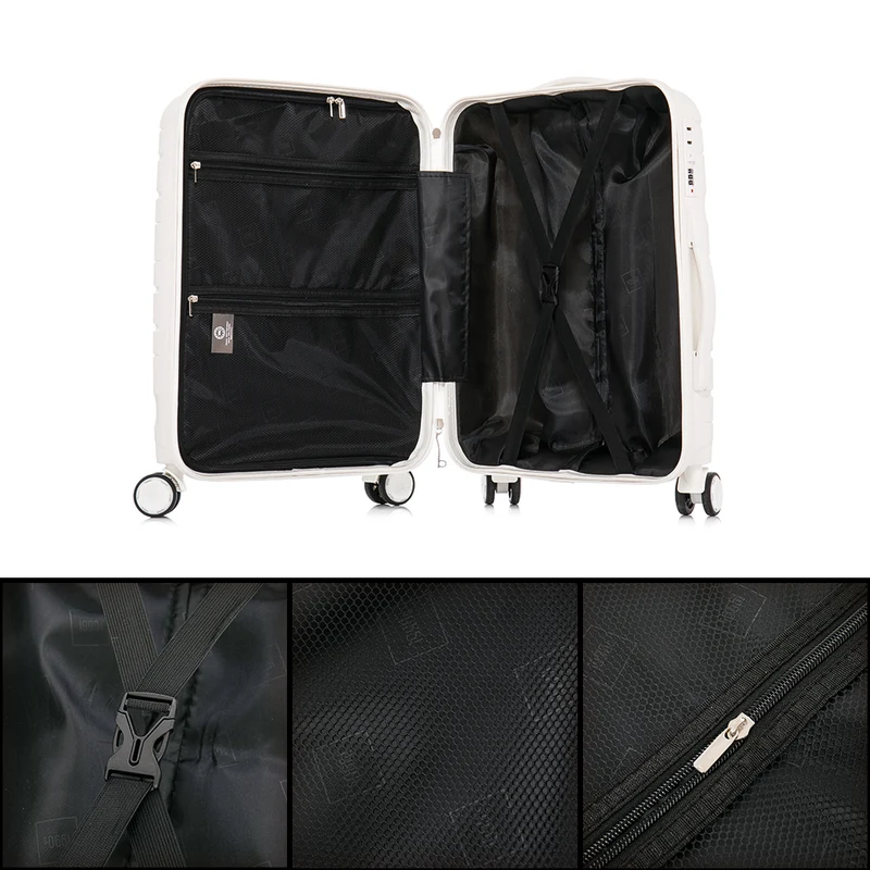 Juego de maletas PP Rígida 3 piezas|Maleta Cabina 55cm|Maleta Mediana 65cm Expandible |Maleta Grande 75cm Expandible |Bass Blanco