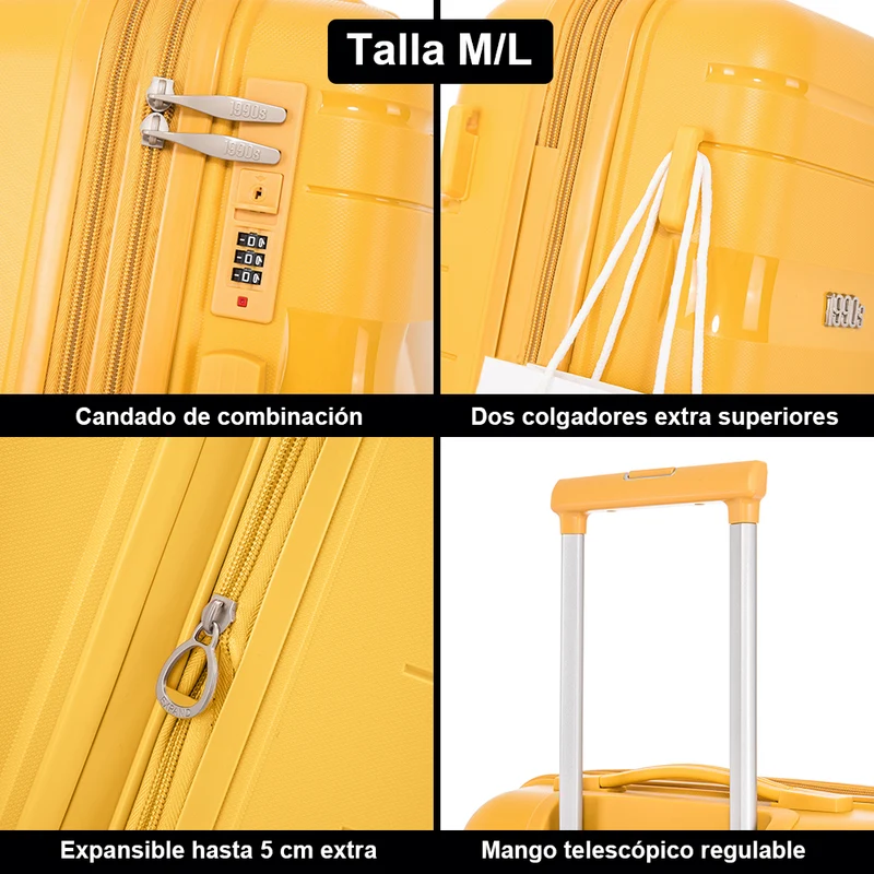 Juego de maletas PP Rígida 3 piezas|Maleta Cabina 55cm|Maleta Mediana 65cm Expandible |Maleta Grande 75cm Expandible |Bass Amarillo